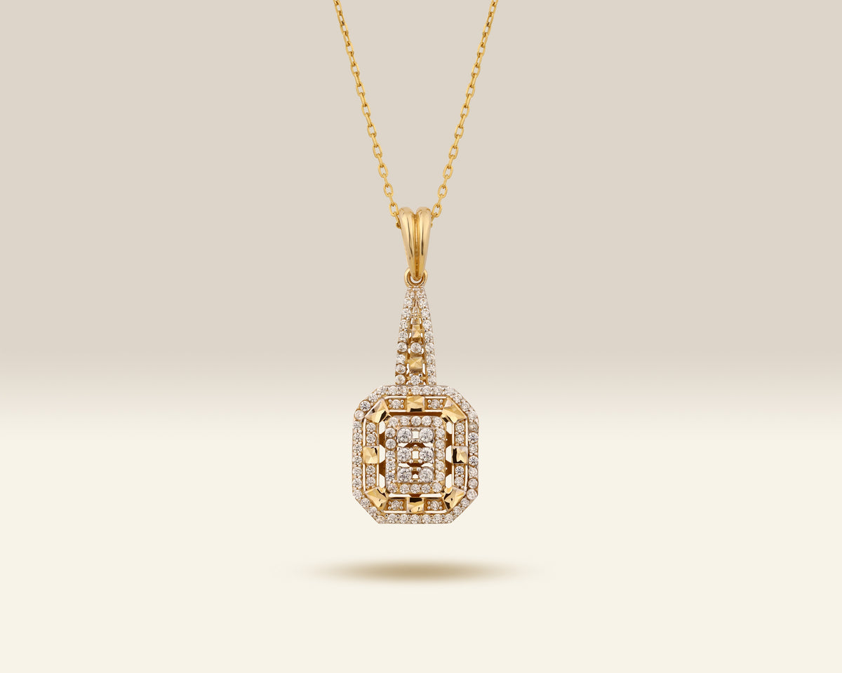 VIECLAT Solid Yellow Gold Diamond Halo Octagon Pendant Necklace