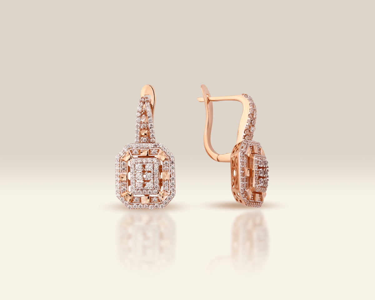 VIECLAT Solid Rose Gold Diamond Halo Drop Earrings