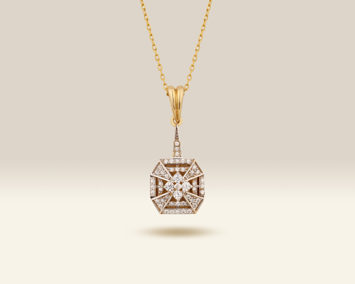 VIECLAT Solid Yellow Gold Diamond Vintage Square Pendant Necklace
