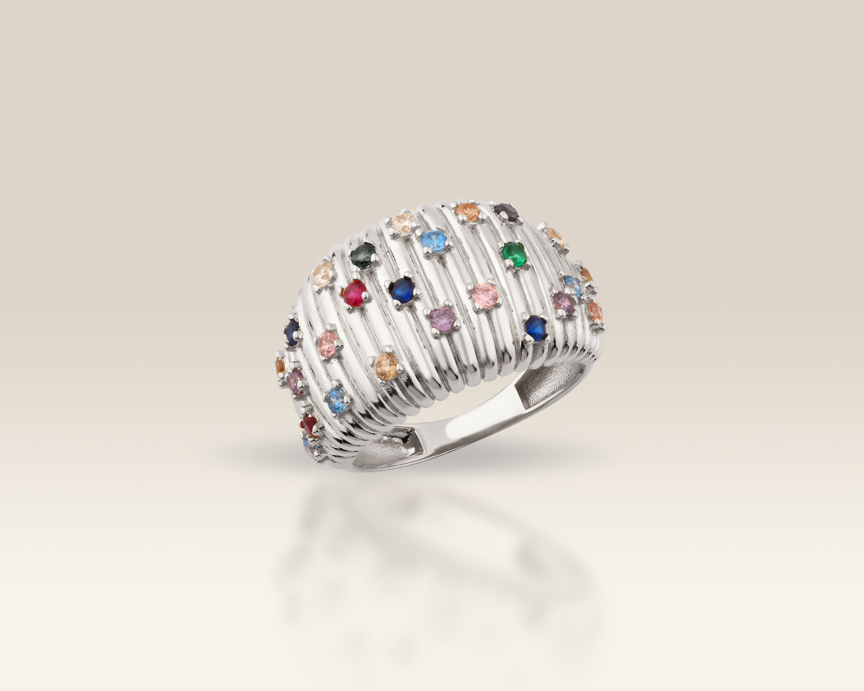 VIECLAT Solid White Gold Multicolor Gemstone Dome Ring