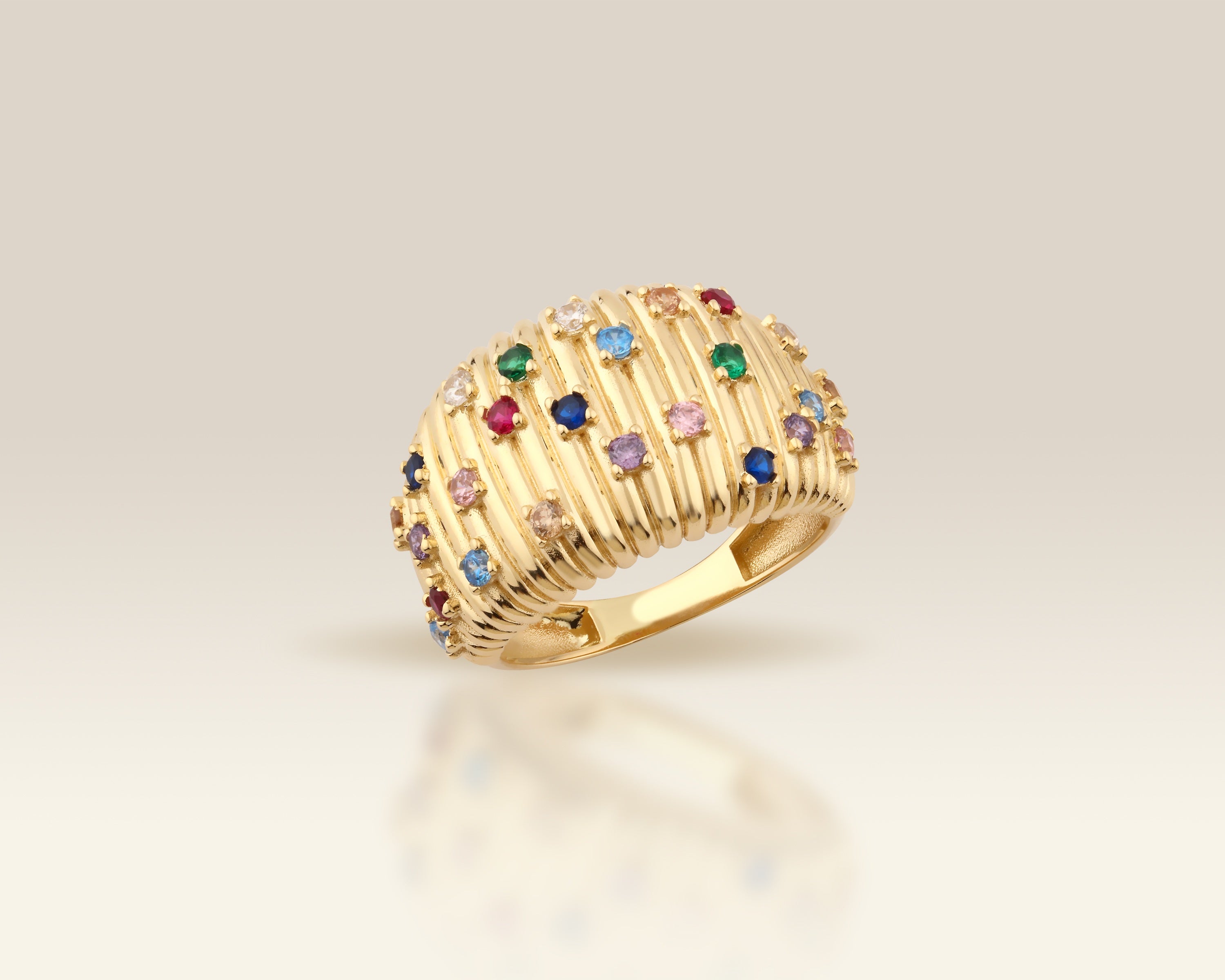 VIECLAT Solid Yellow Gold Multicolor Gemstone Dome Ring
