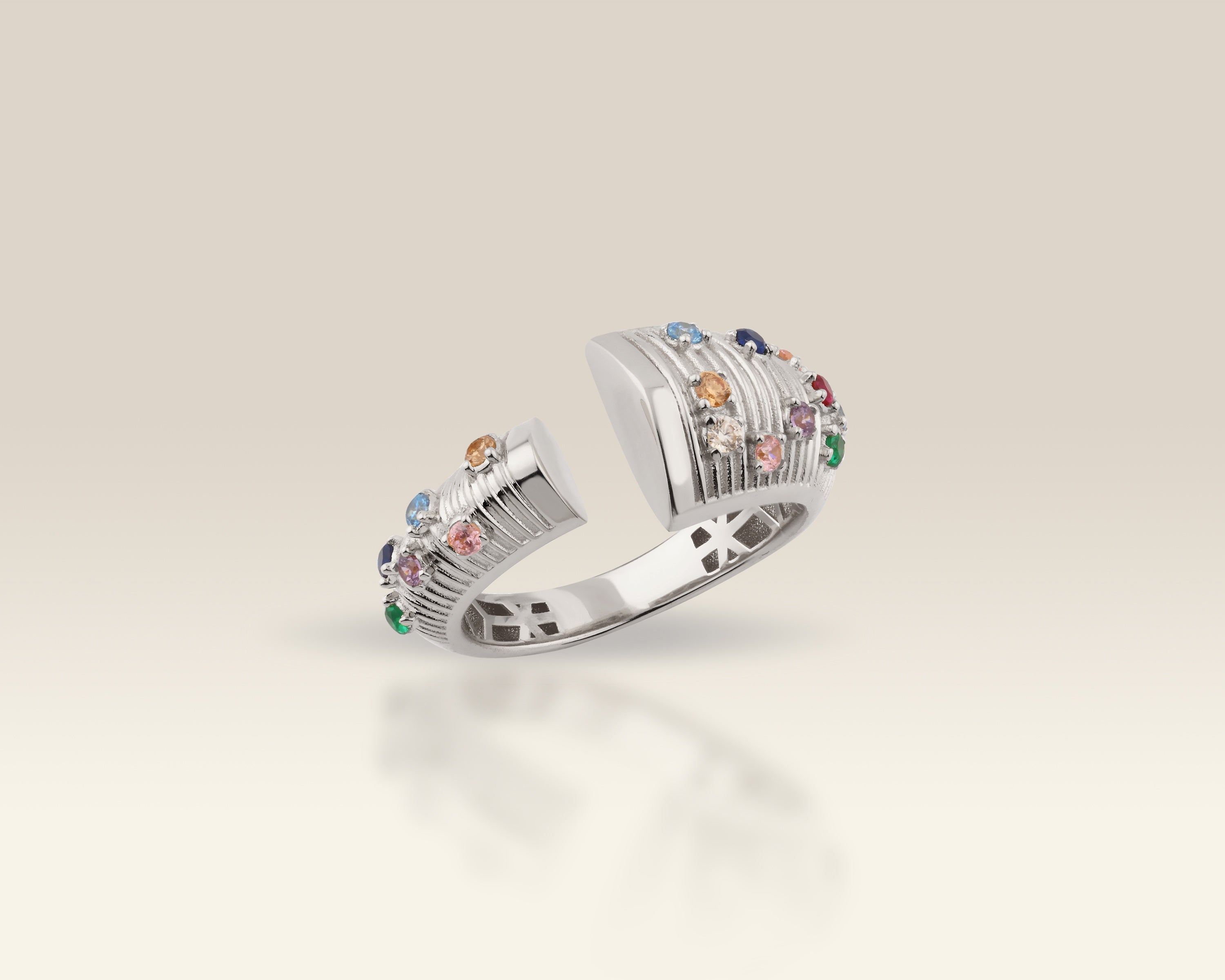 VIECLAT Solid White Gold Multicolor Gemstone Open Cuff Ring
