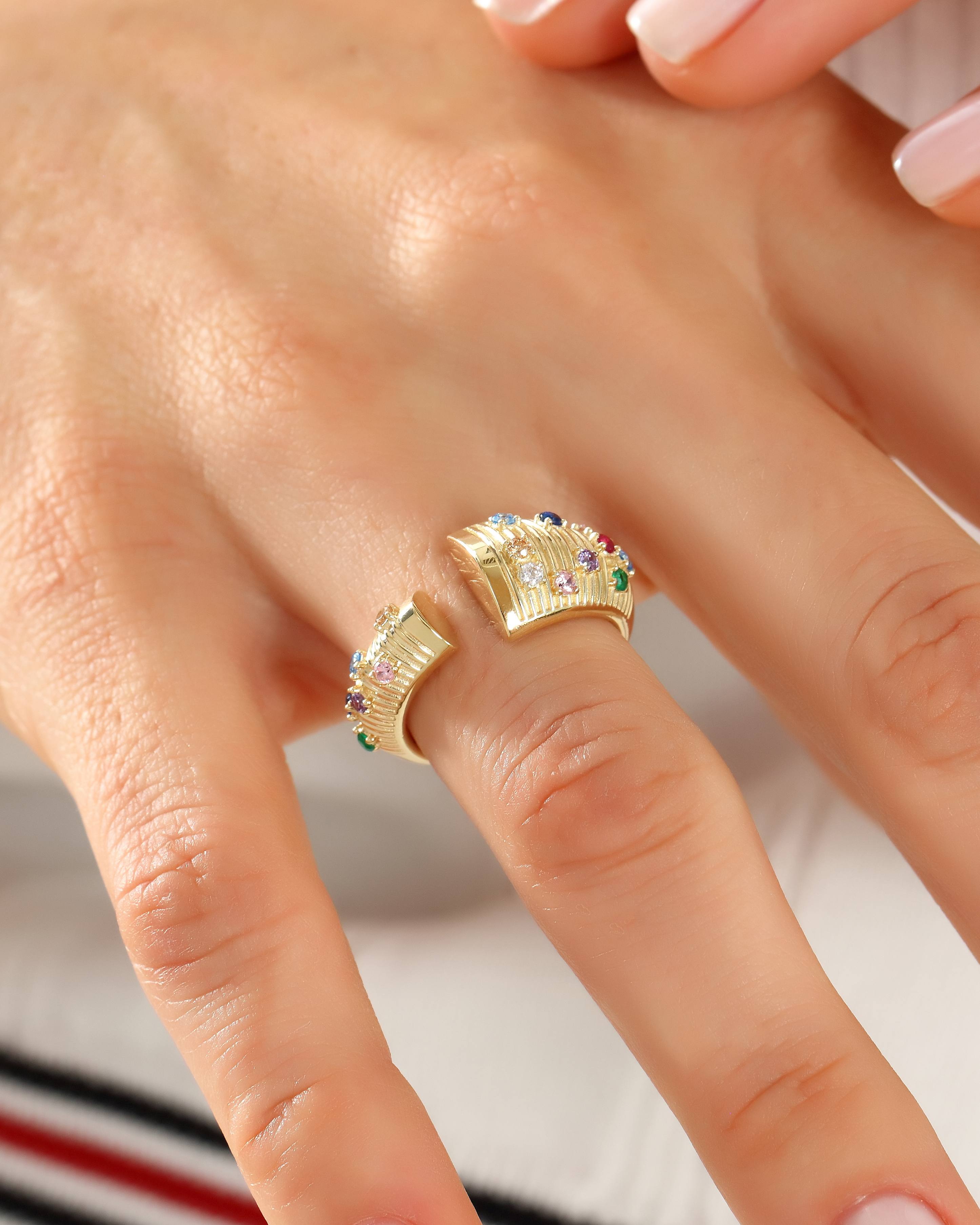 VIECLAT Solid Yellow Gold Multicolor Gemstone Open Cuff Ring Closeup