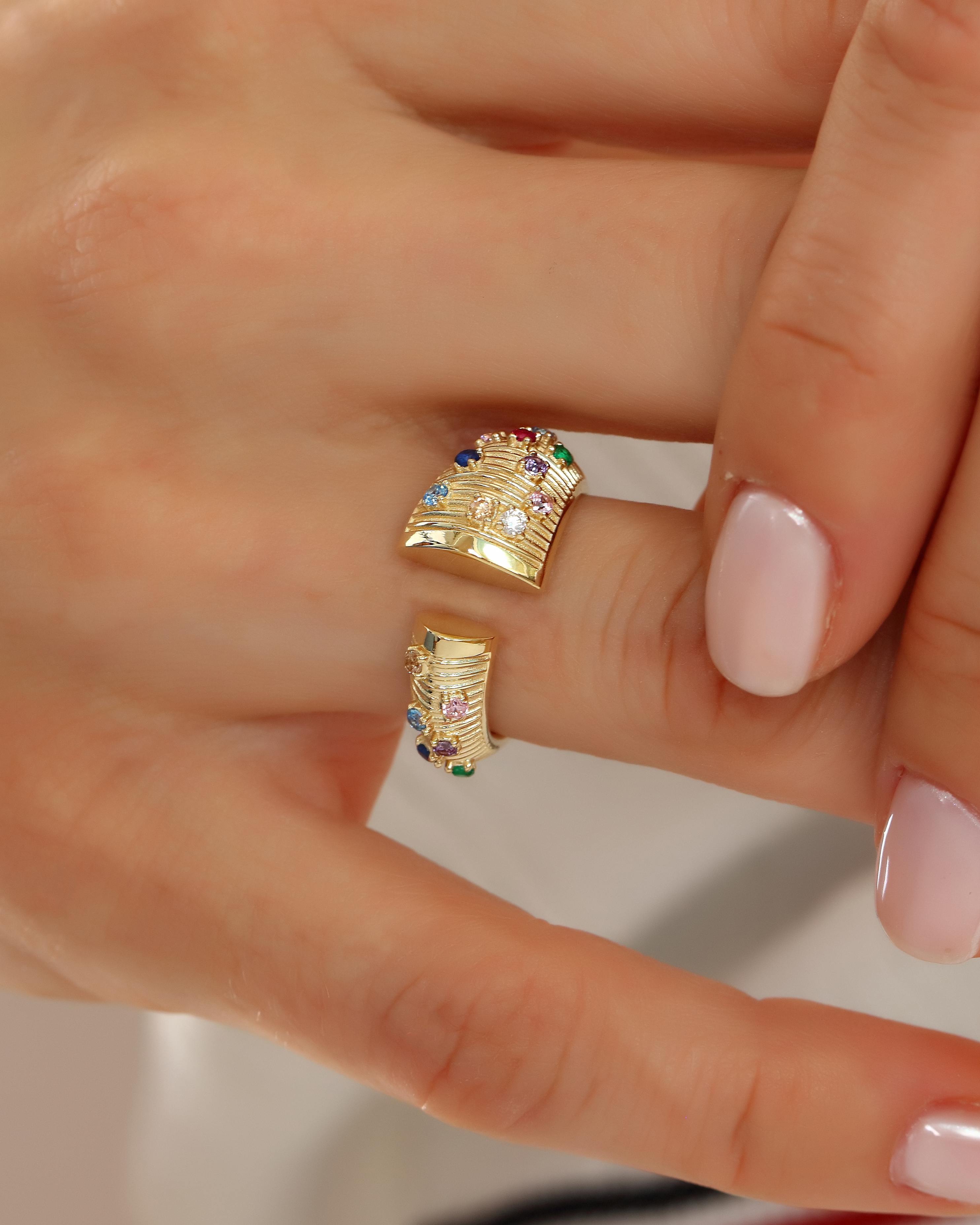 VIECLAT Solid Yellow Gold Multicolor Gemstone Open Cuff Ring Worn