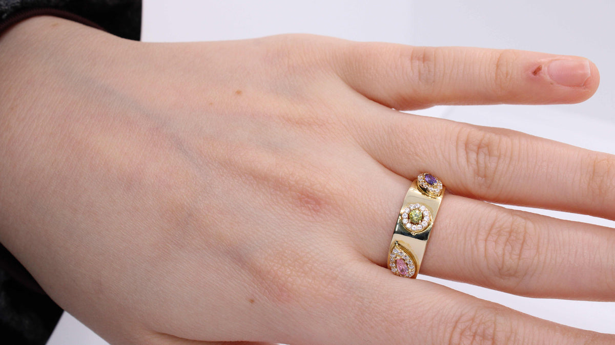 VIECLAT Solid Yellow Gold Multi Gemstone Halo Ring
