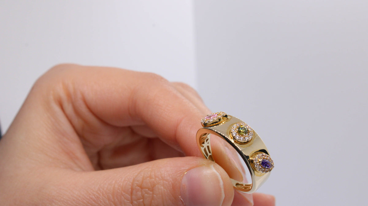 VIECLAT Solid Yellow Gold Multi Gemstone Halo Ring