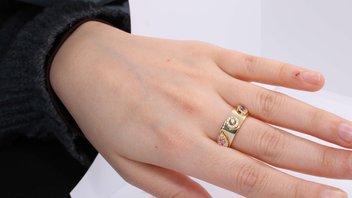 VIECLAT Solid Yellow Gold Multi Gemstone Halo Ring