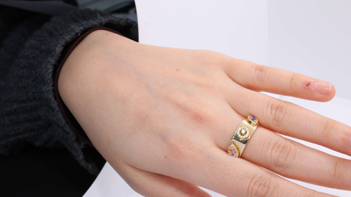 VIECLAT Solid Yellow Gold Multi Gemstone Halo Ring
