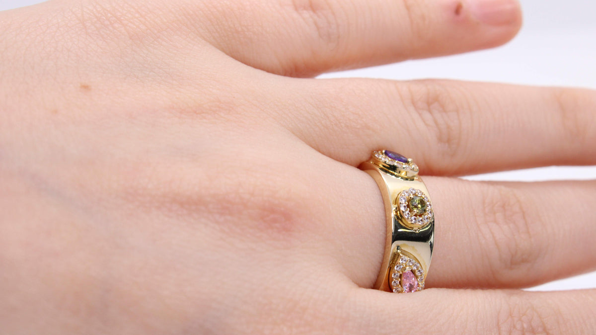 VIECLAT Solid Yellow Gold Multi Gemstone Halo Ring