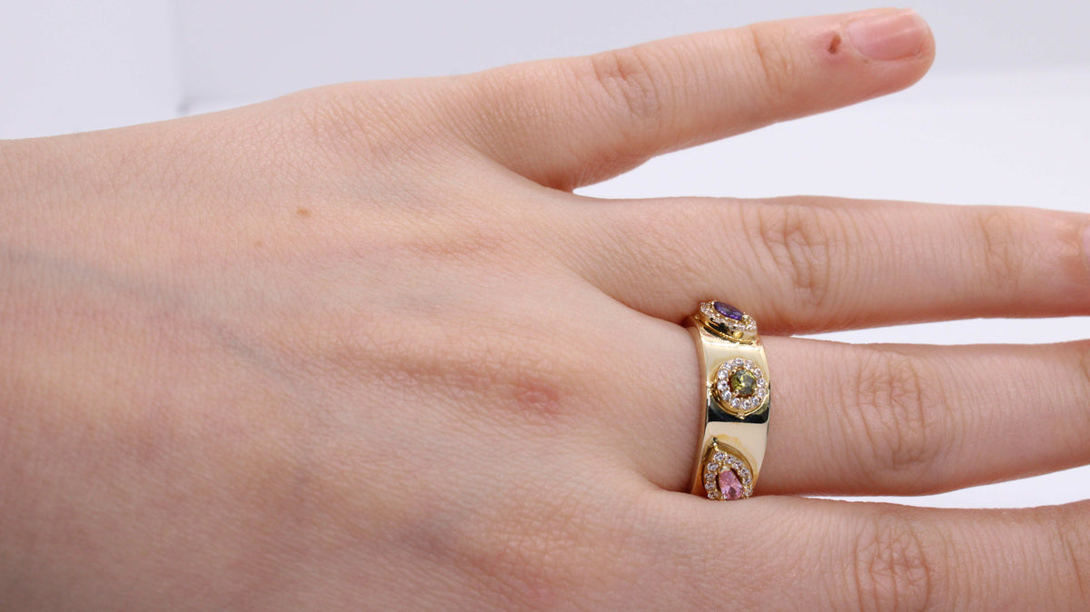 VIECLAT Solid Yellow Gold Multi Gemstone Halo Ring