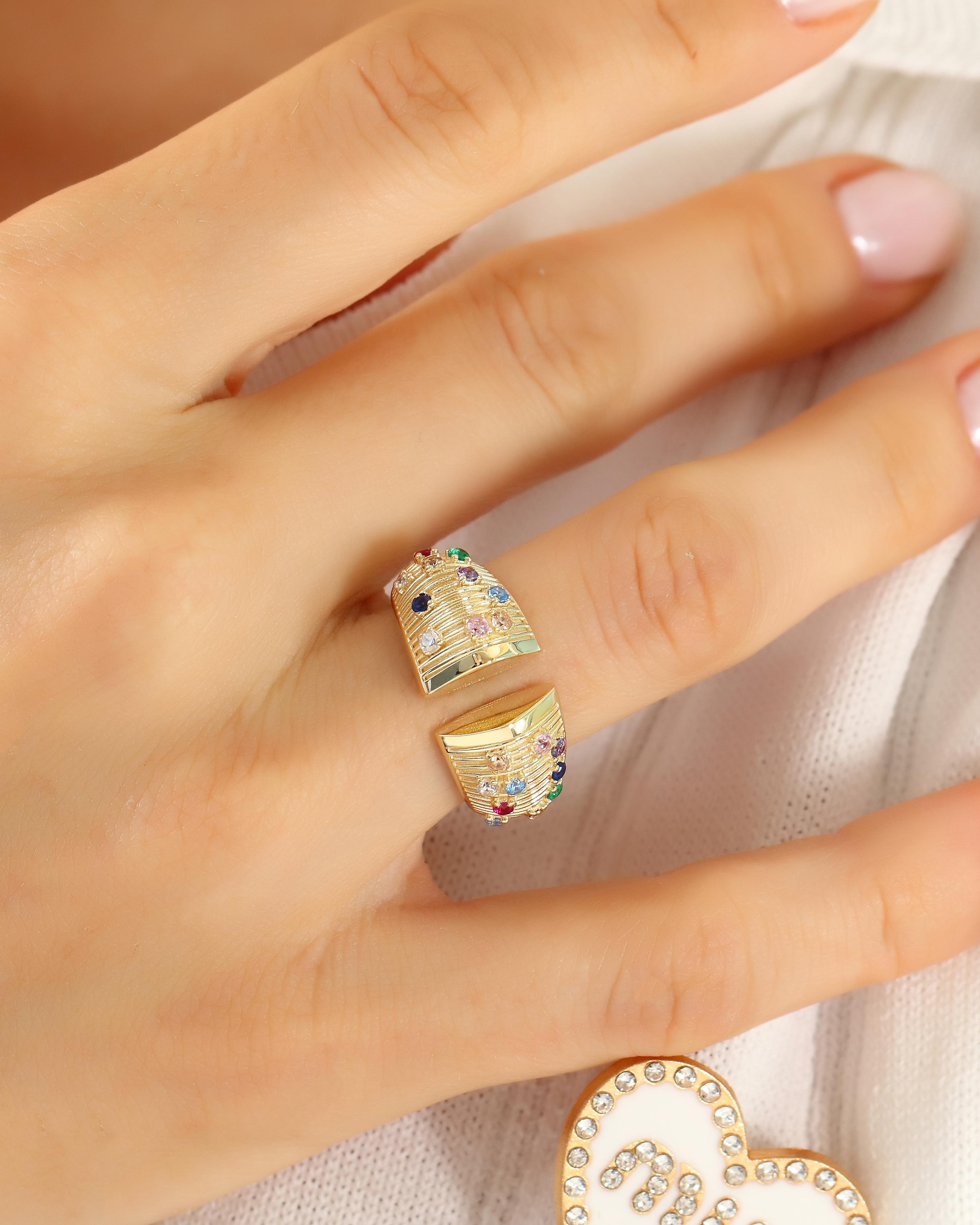 VIECLAT Solid Yellow Gold Multicolor Gemstone Open Bypass Ring