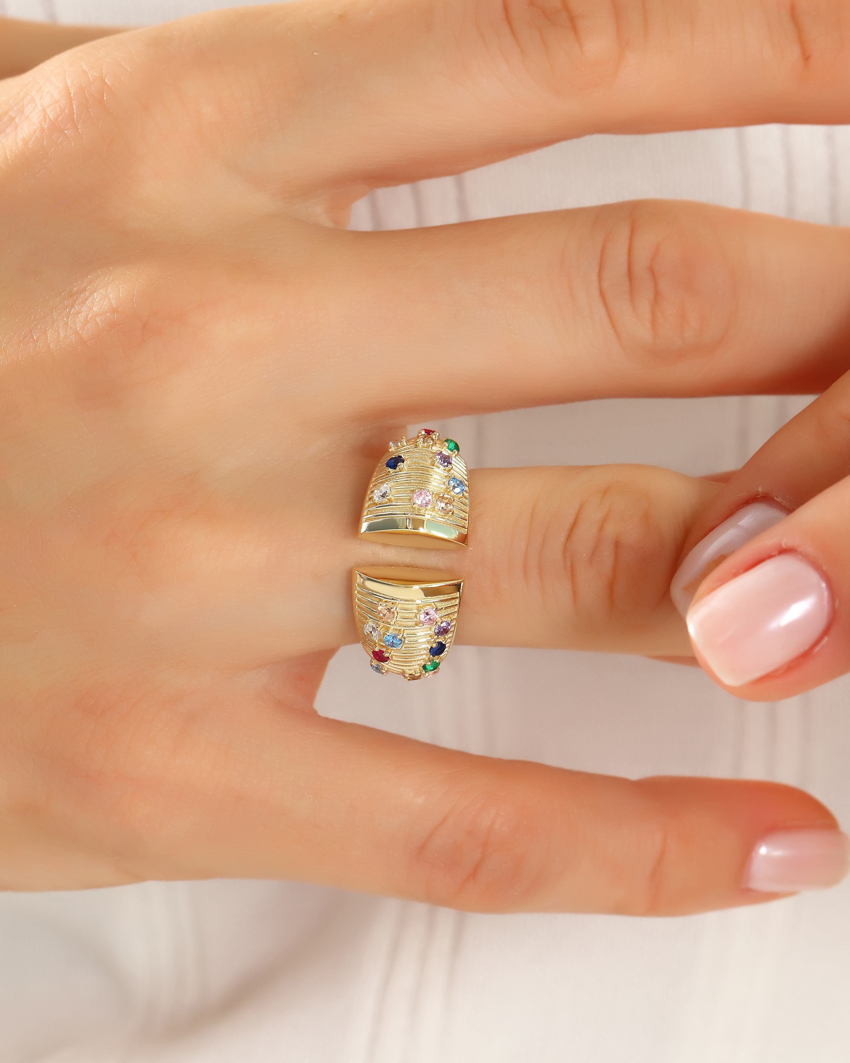VIECLAT Solid Yellow Gold Multicolor Gemstone Open Bypass Ring