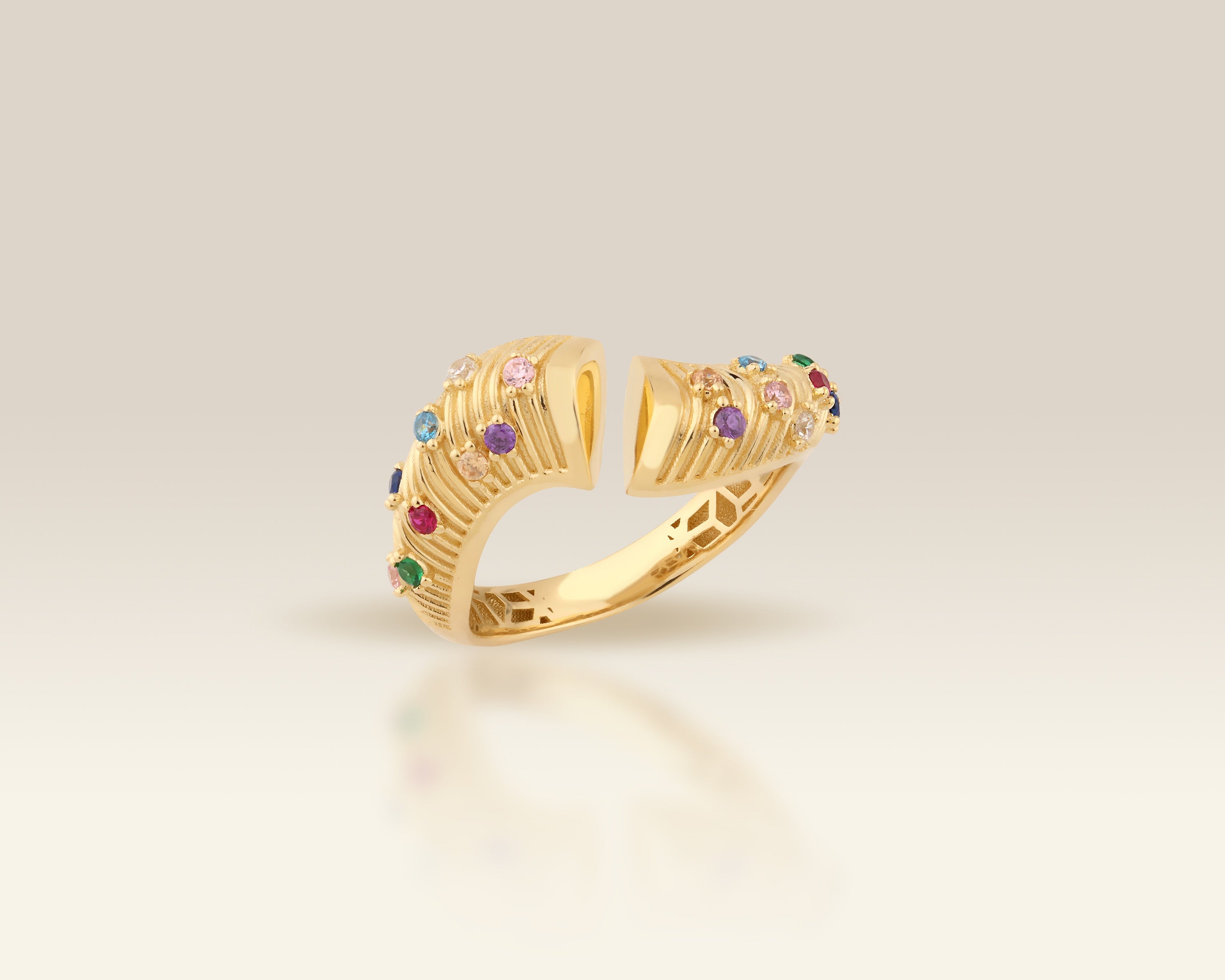 VIECLAT Solid Yellow Gold Multicolor Gemstone Open Swirl Ring