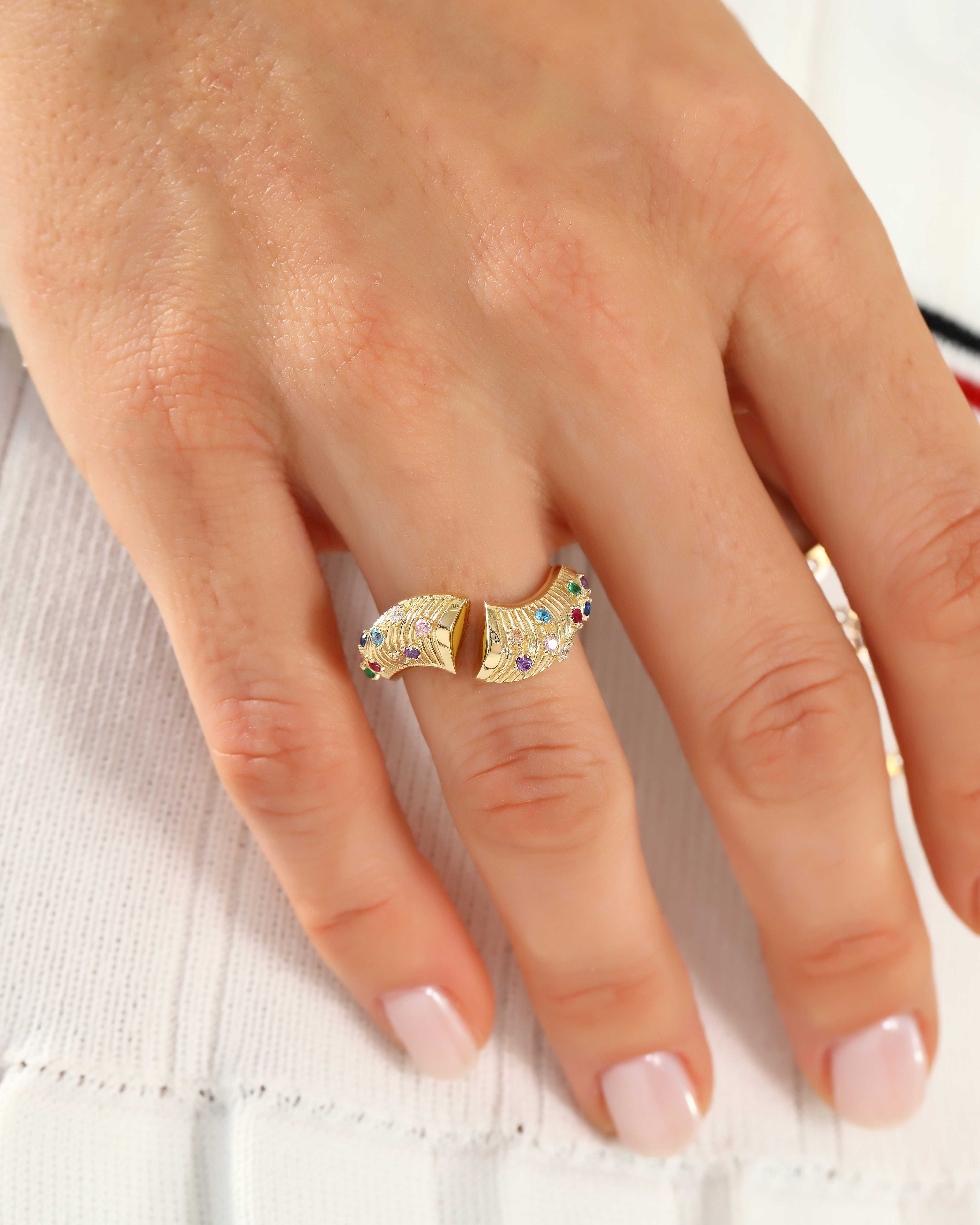 VIECLAT Solid Yellow Gold Multicolor Gemstone Open Swirl Ring Worn