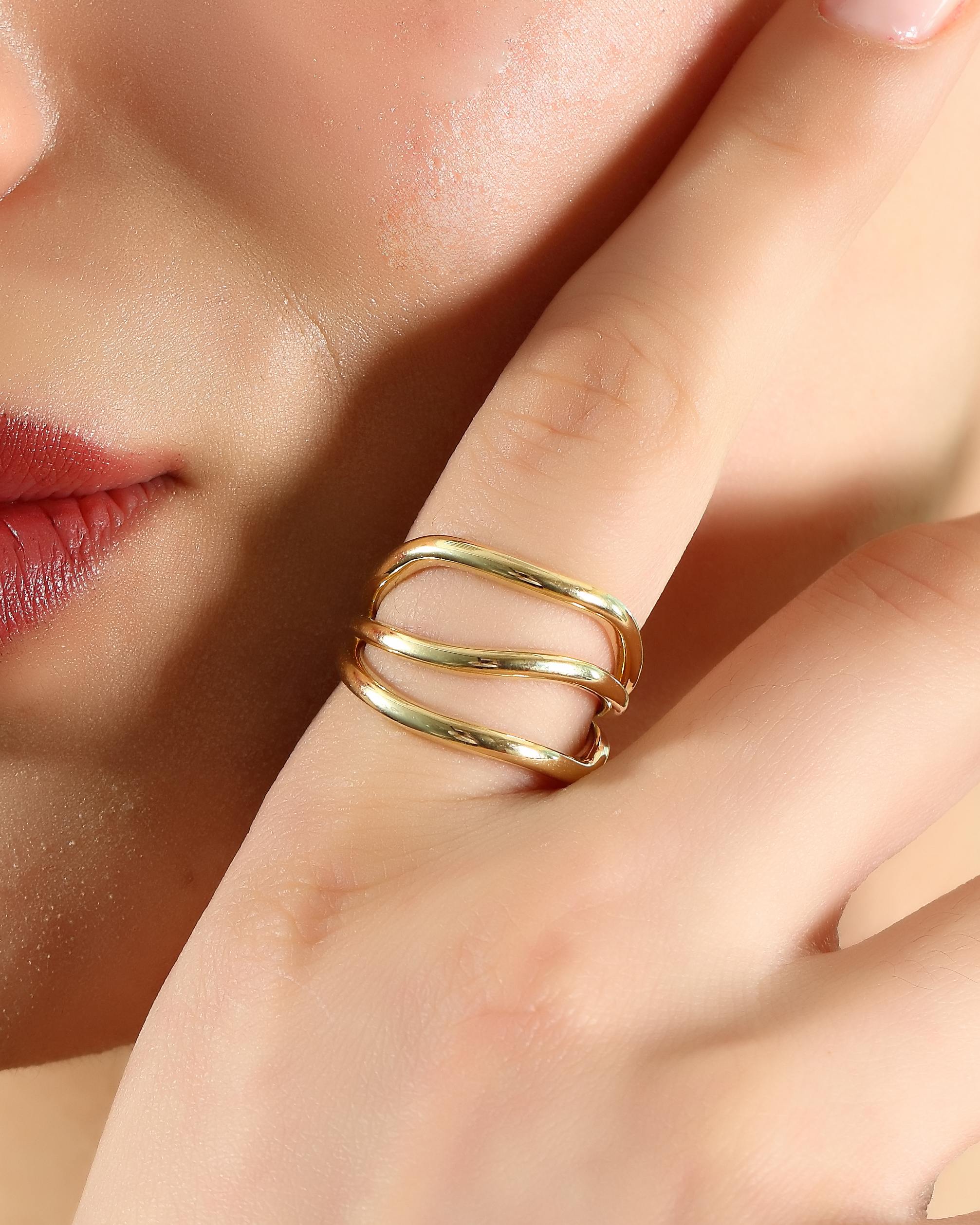VIECLAT Solid Yellow Gold Triple Band Wave Ring Finger