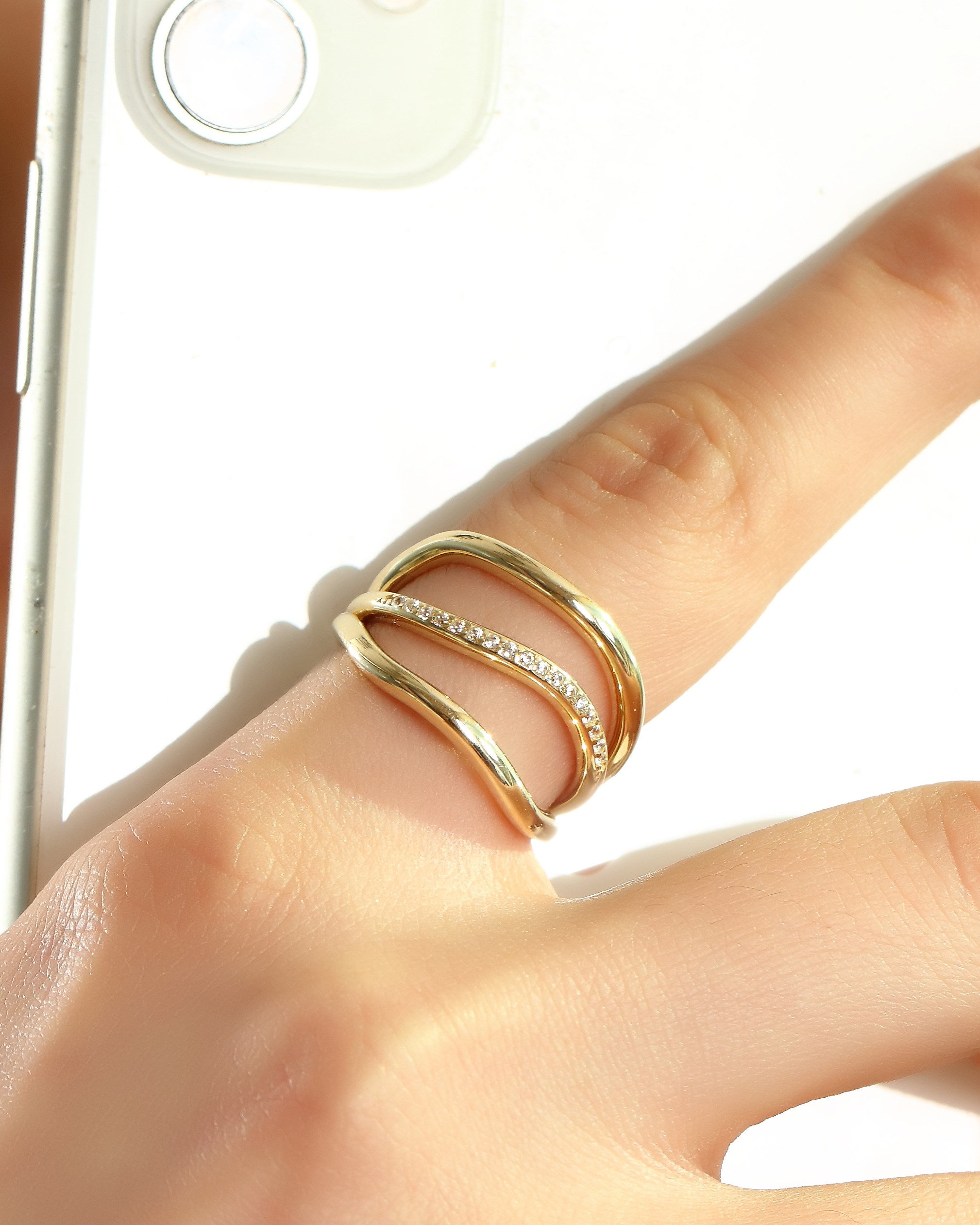 VIECLAT Solid Yellow Gold Diamond Triple Band Wave Ring On Hand
