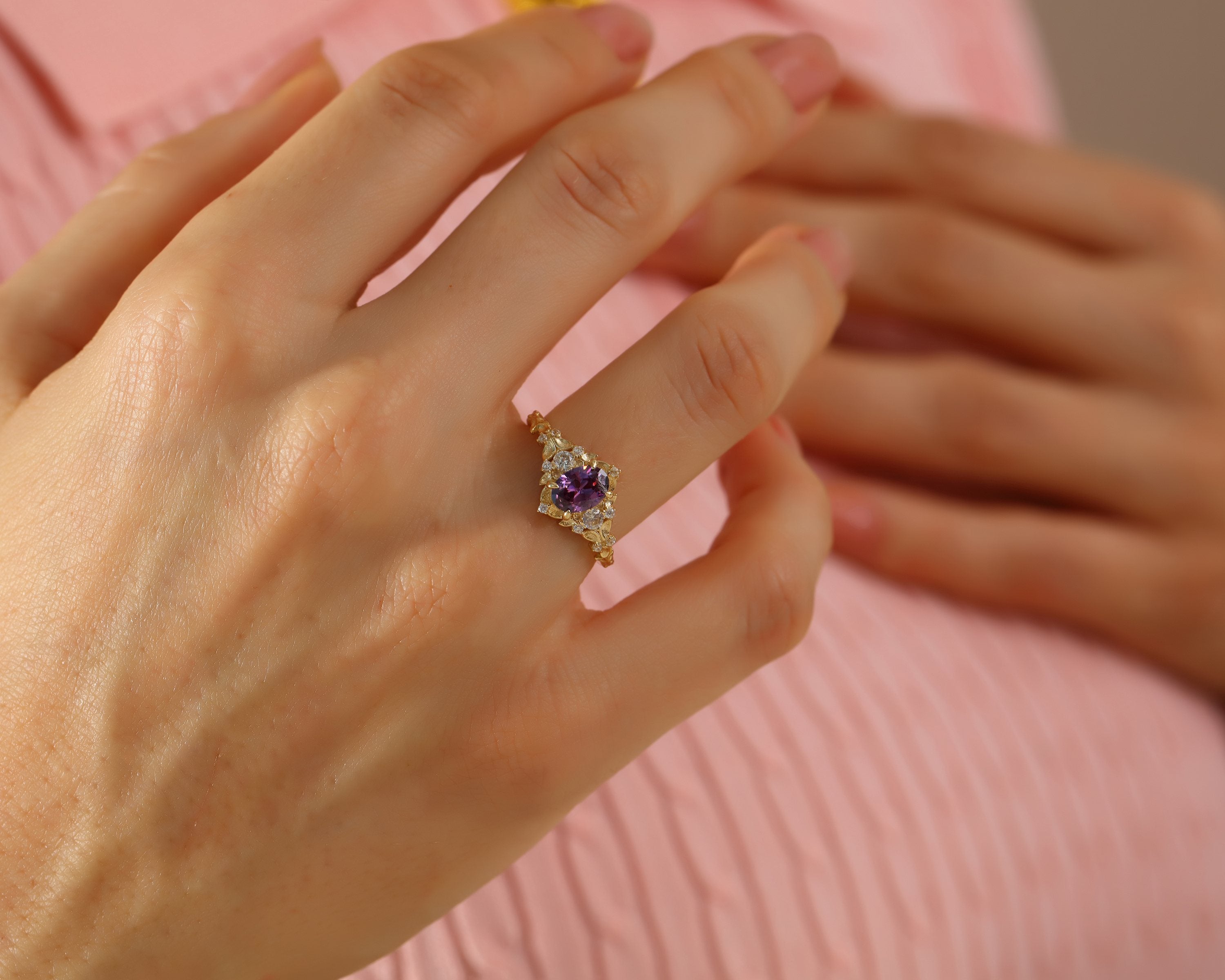 VIECLAT Solid Yellow Gold Amethyst Cluster Ring On Hand